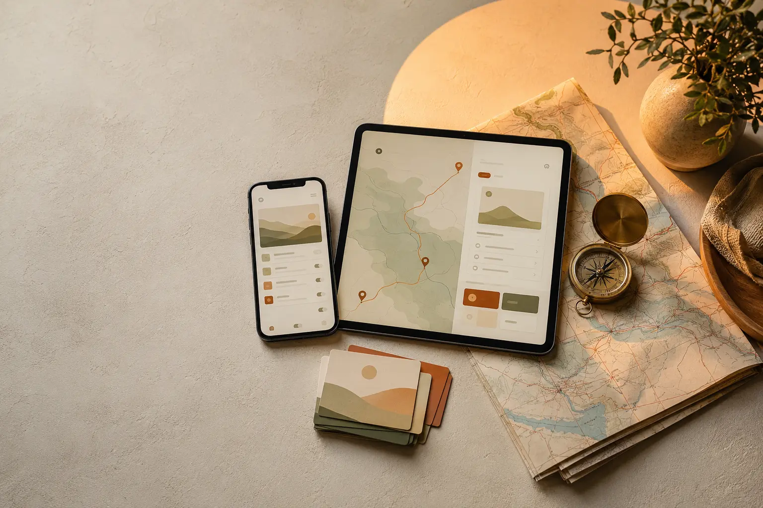Focused and Full on a phone and tablet beside a route map and compass